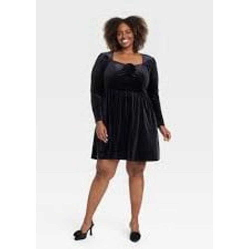 NEW Ava & Viv Plus Size Black Velour Longsleeve Rosette A Line Mini Dress, 2X